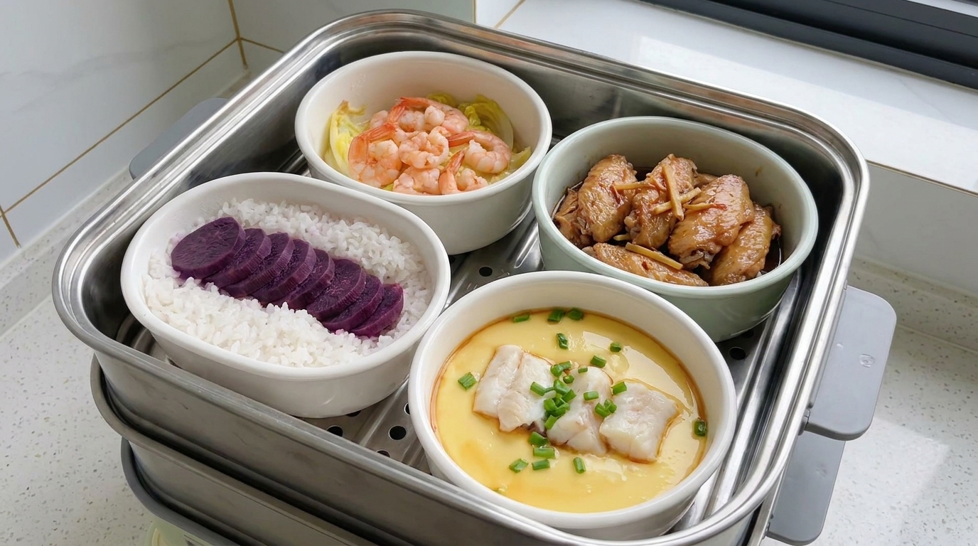 One-Pot Steamed Lunch Set with Teriyaki Wings and Cod Egg Custard