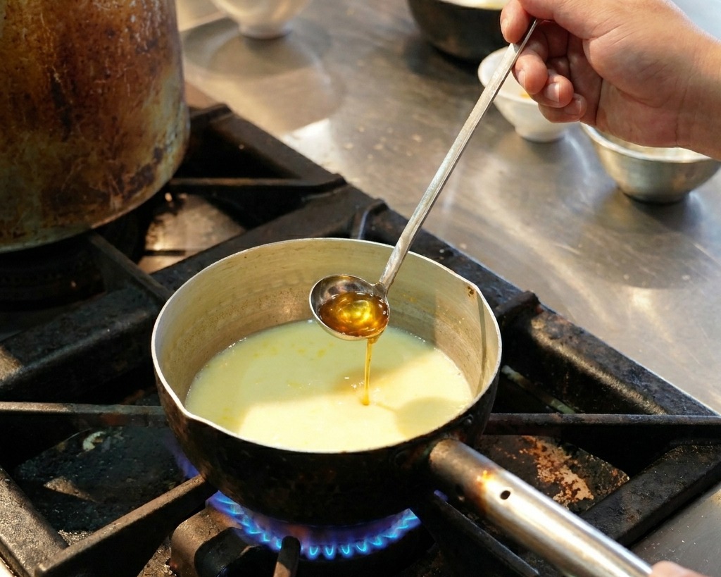 Reddish-orange oil being poured from a small metal ladle into a pan of light yellow broth on a stovetop.