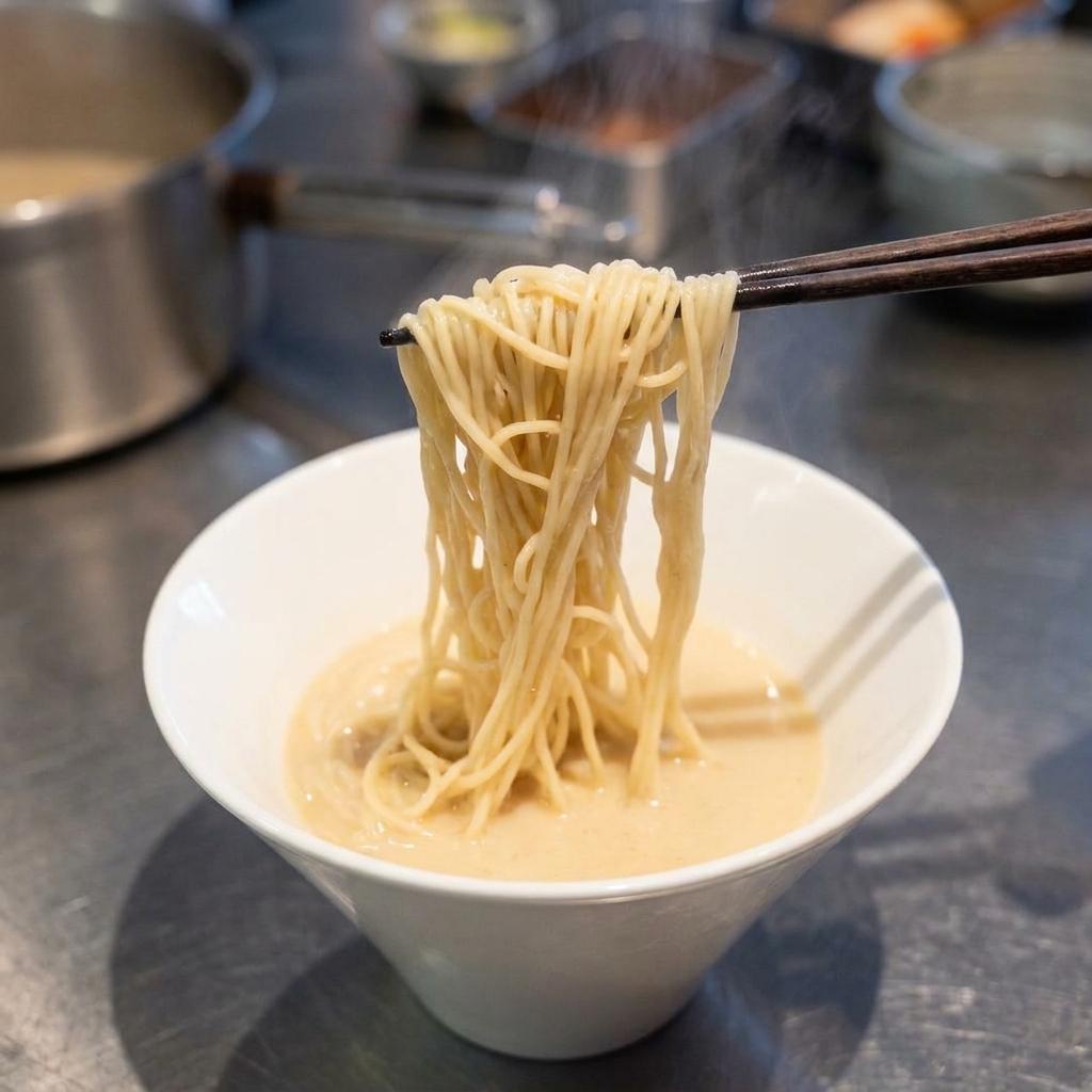 A bundle of pale ramen noodles being lifted and adjusted with dark chopsticks inside a white bowl filled with creamy, milky white broth.
