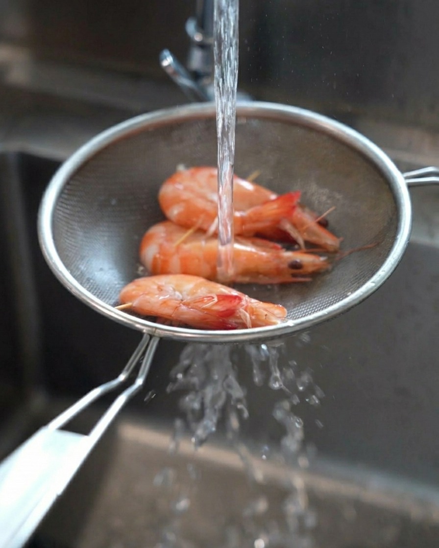 A stream of cold water from a kitchen faucet rinsing three cooked orange shrimp held in a metal strainer over a sink.