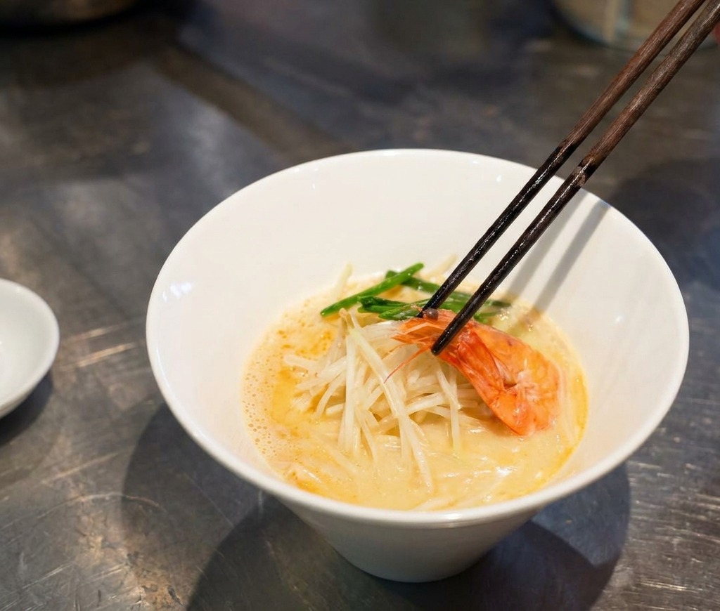 A pair of wooden chopsticks placing a large, cooked orange shrimp into a bowl of creamy ramen broth already containing garnishes.