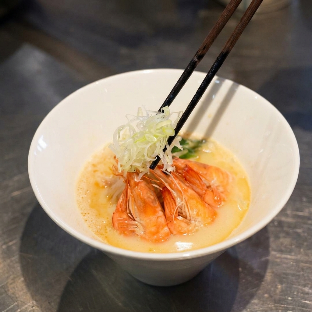 Finely julienned white scallions being piled onto several cooked shrimp in a white ramen bowl.