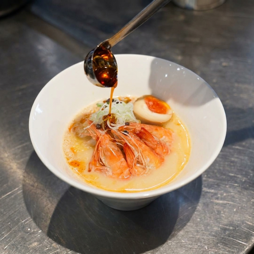 A small metal ladle pouring bright red, aromatic oil over the top of a finished bowl of shrimp paitan ramen.