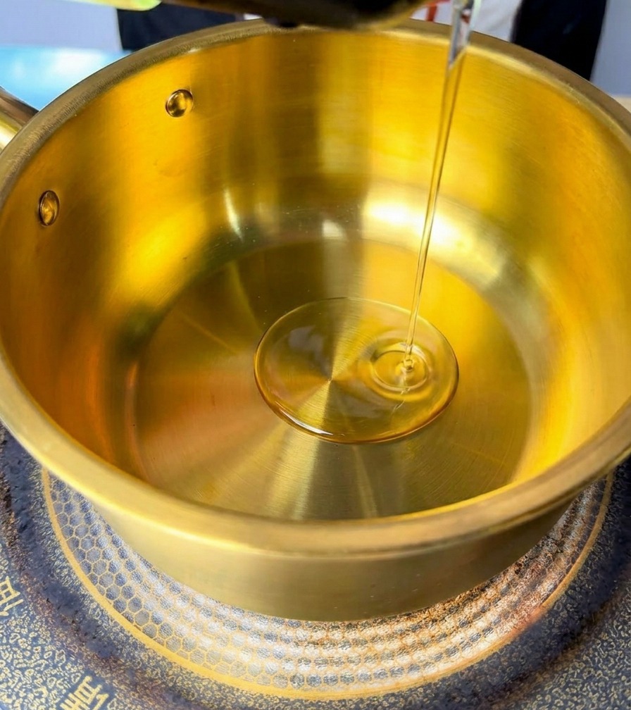 A stream of clear oil being poured into a shiny golden brass pot sitting on an induction cooktop.