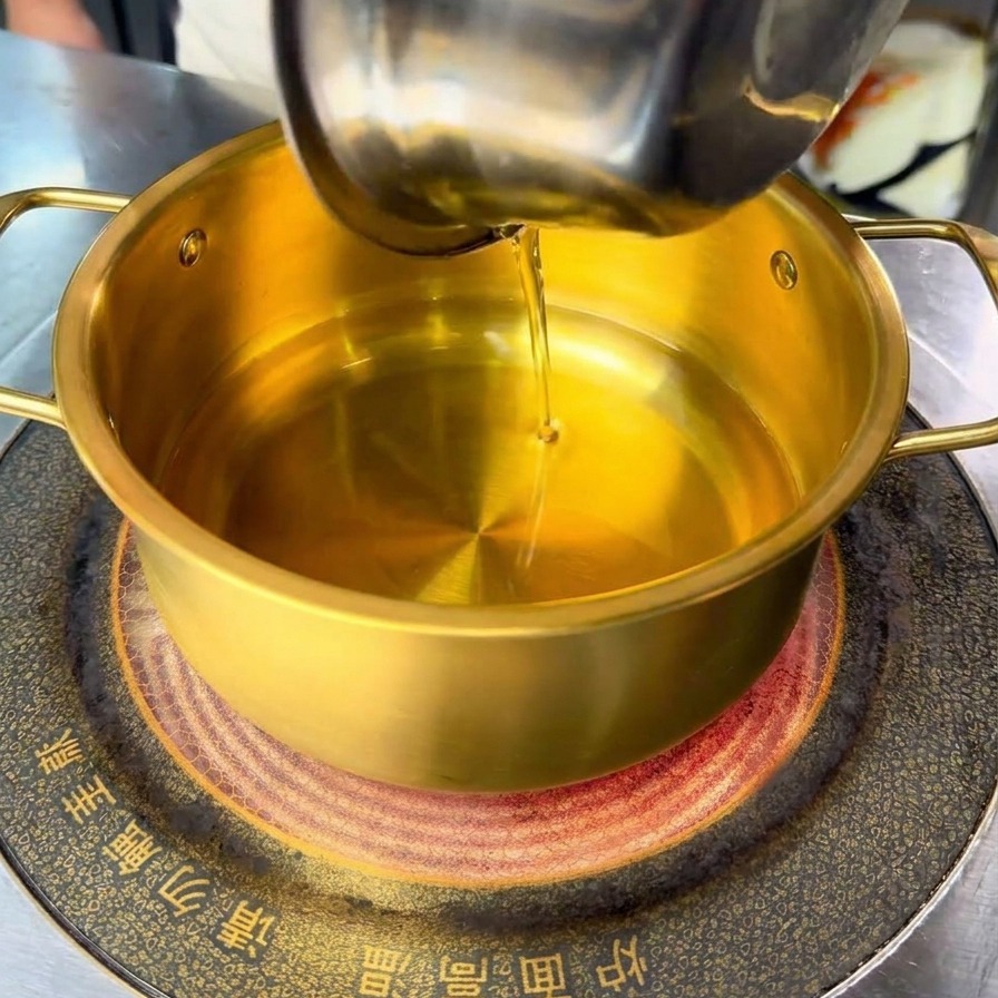Chopped green scallions and white minced garlic being dropped into a pool of hot oil in a brass pot.