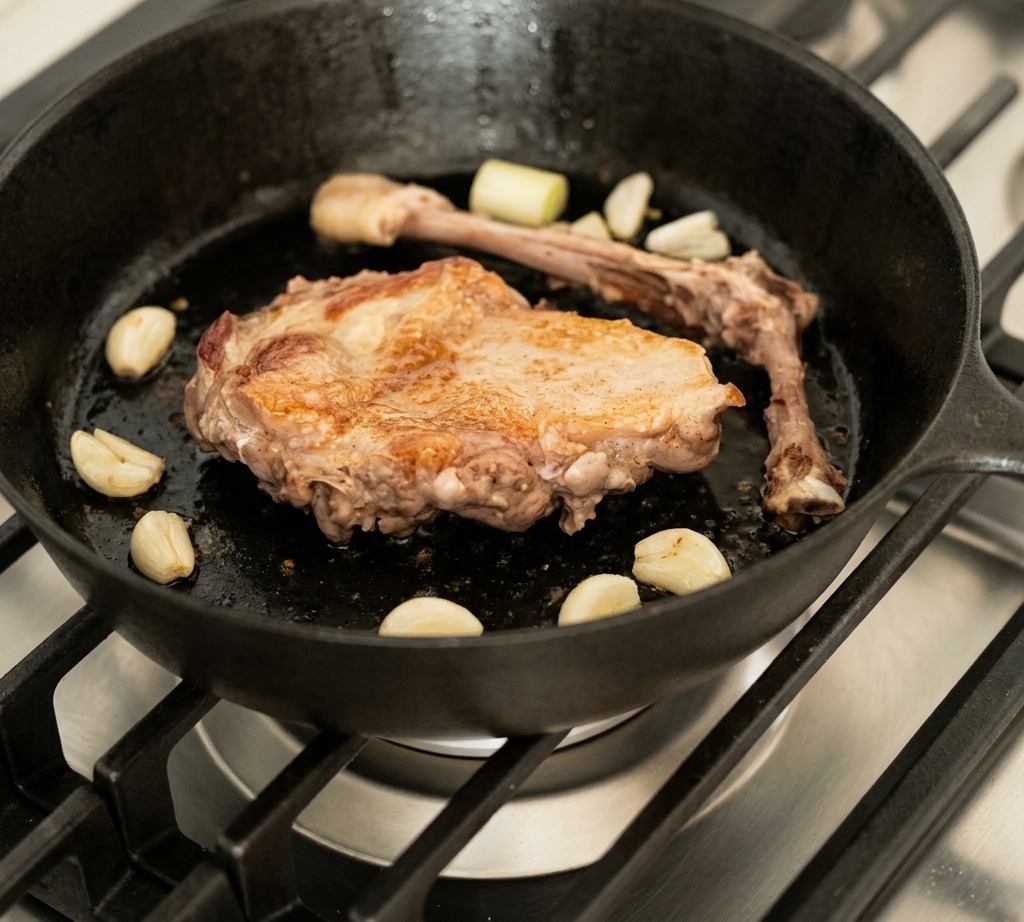 Sliced leeks and garlic cloves scattered around a seared duck leg in a black pan.