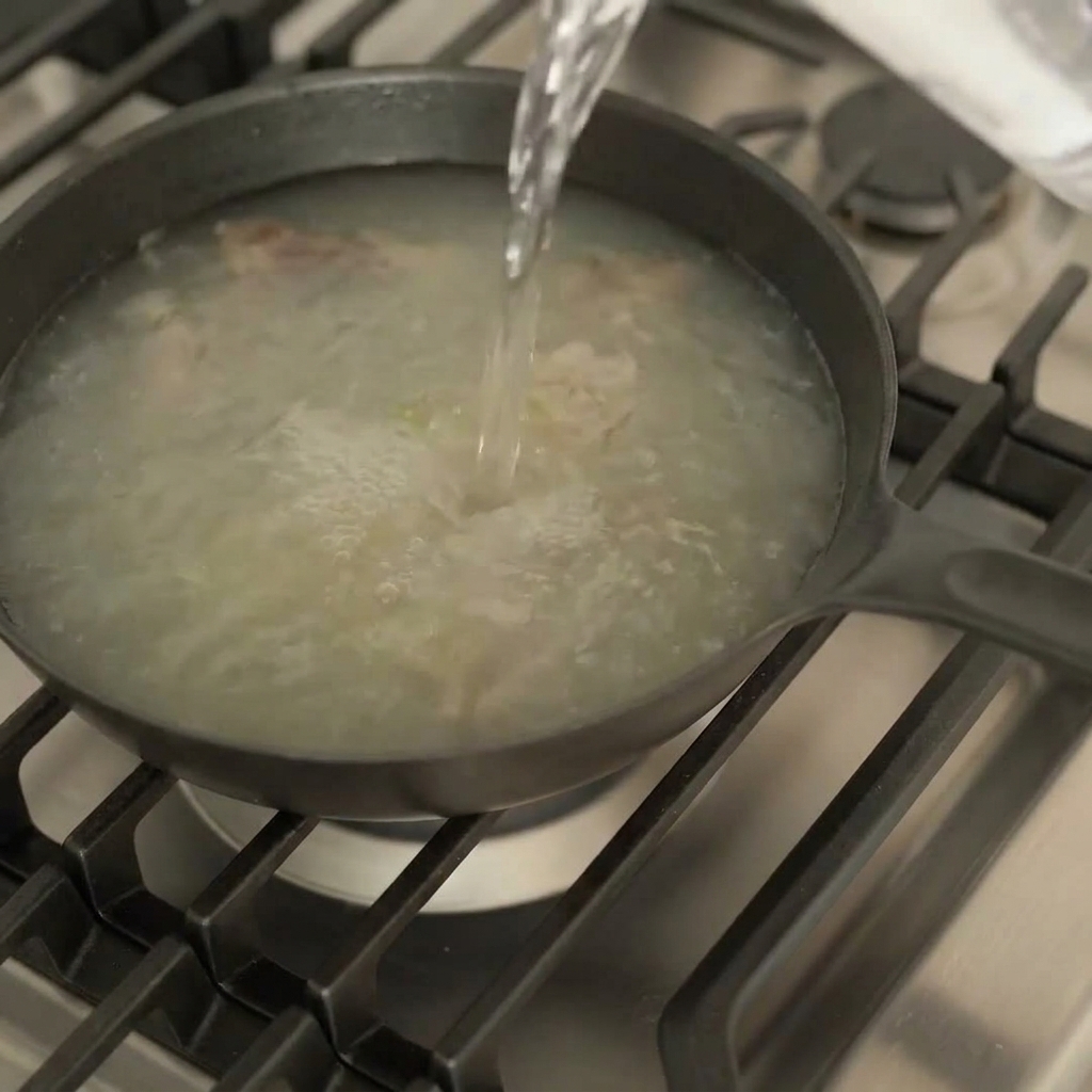 A stream of clear water being poured into a black pan containing simmering pan juices on a stovetop.