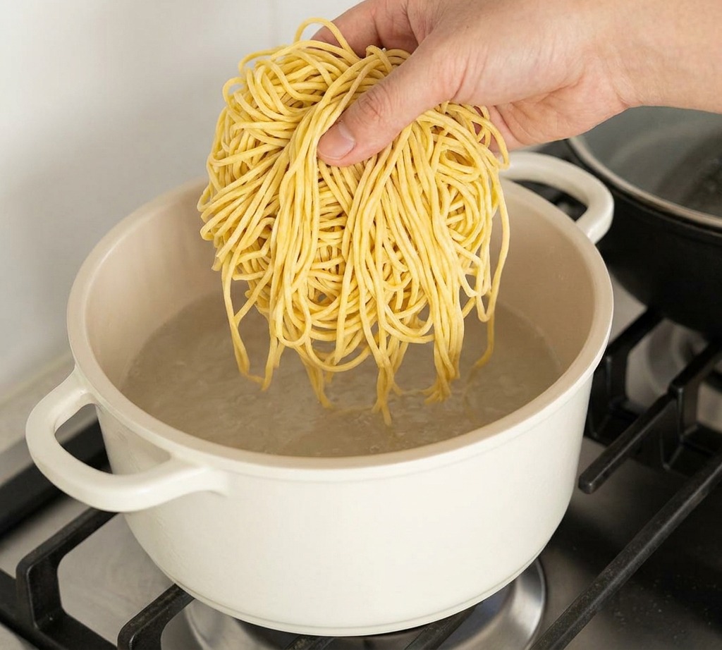 A hand dropping a fresh, circular bundle of yellow ramen noodles into a white pot of boiling water.