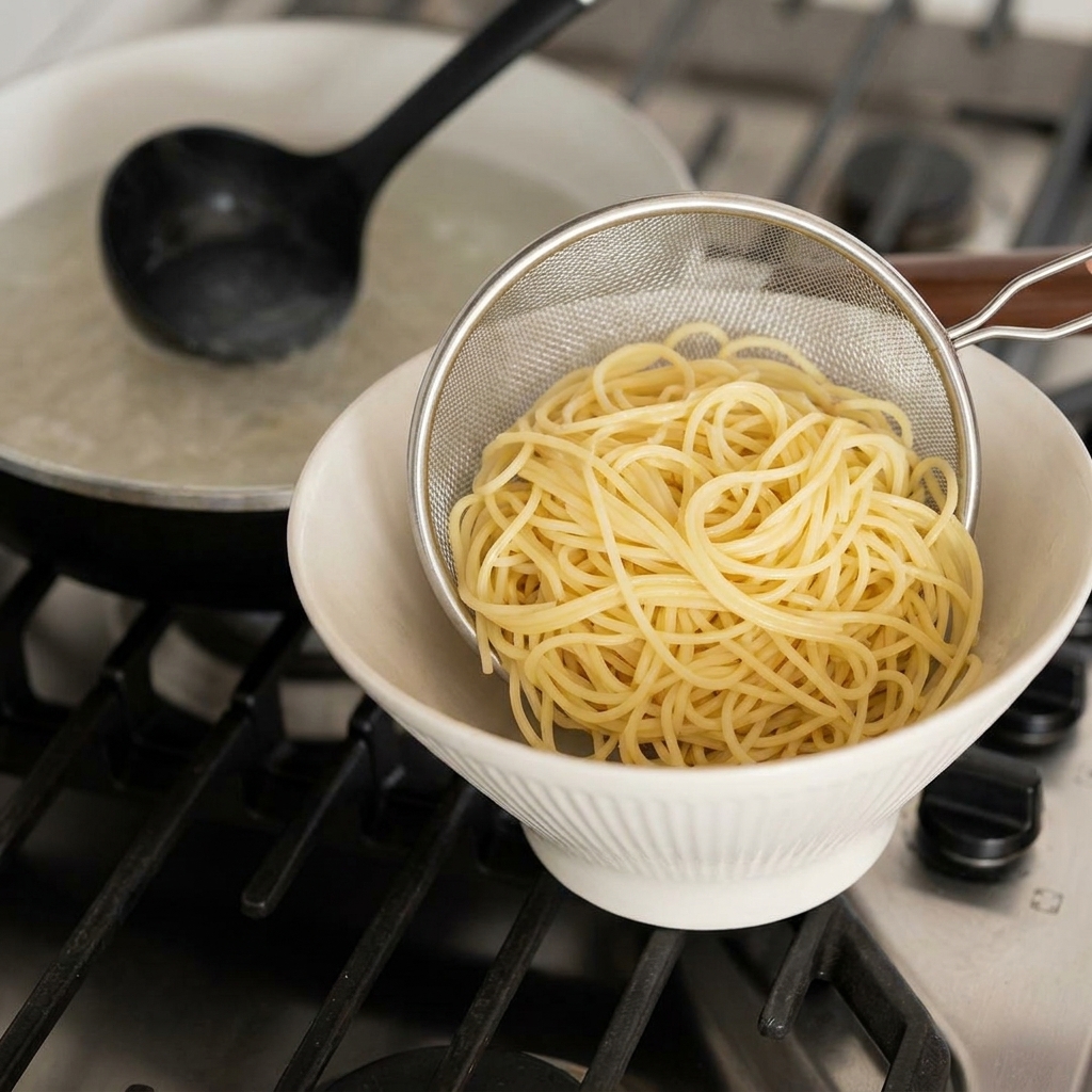 A close-up of yellow ramen noodles being drained in a metal spider strainer and lowered into a white ceramic bowl on a kitchen stove.