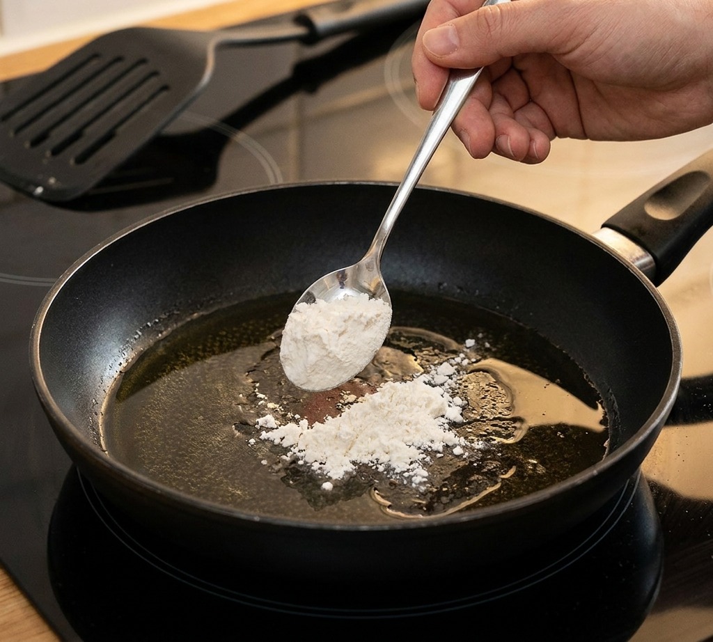 A metal spoon adding white flour into a small pan of cooking oil on a black induction stovetop.