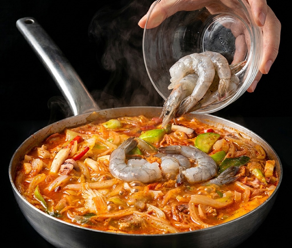 Fresh raw grey shrimp being added from a bowl into a pot of red Jjamppong filled with vegetables and squid.