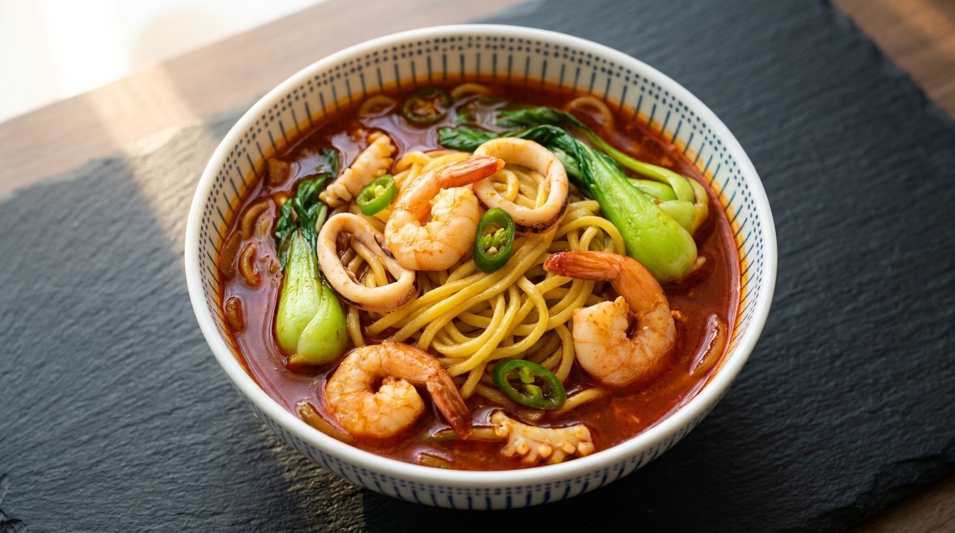 A vibrant bowl of Jjamppong — thick wheat noodles and fresh seafood in a rich, spicy red broth