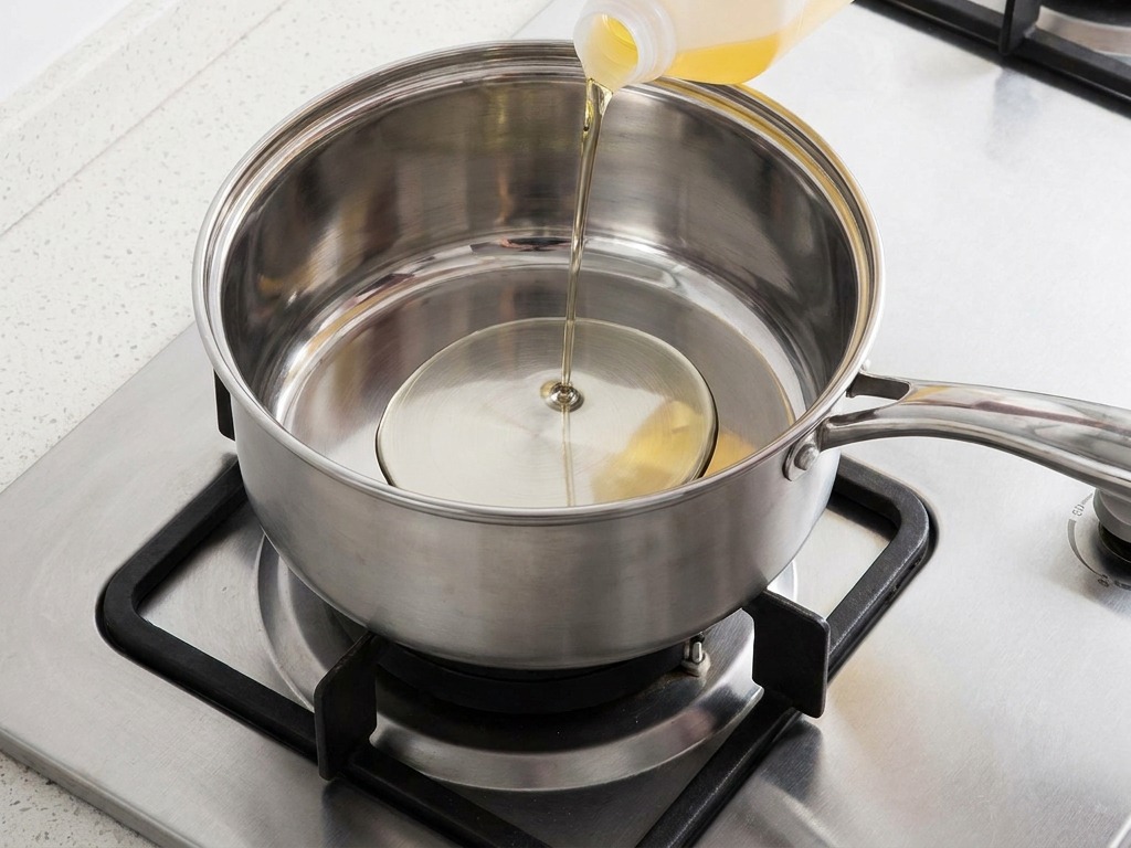Cooking oil being poured from a translucent plastic jug into a stainless steel pot on a gas stove.