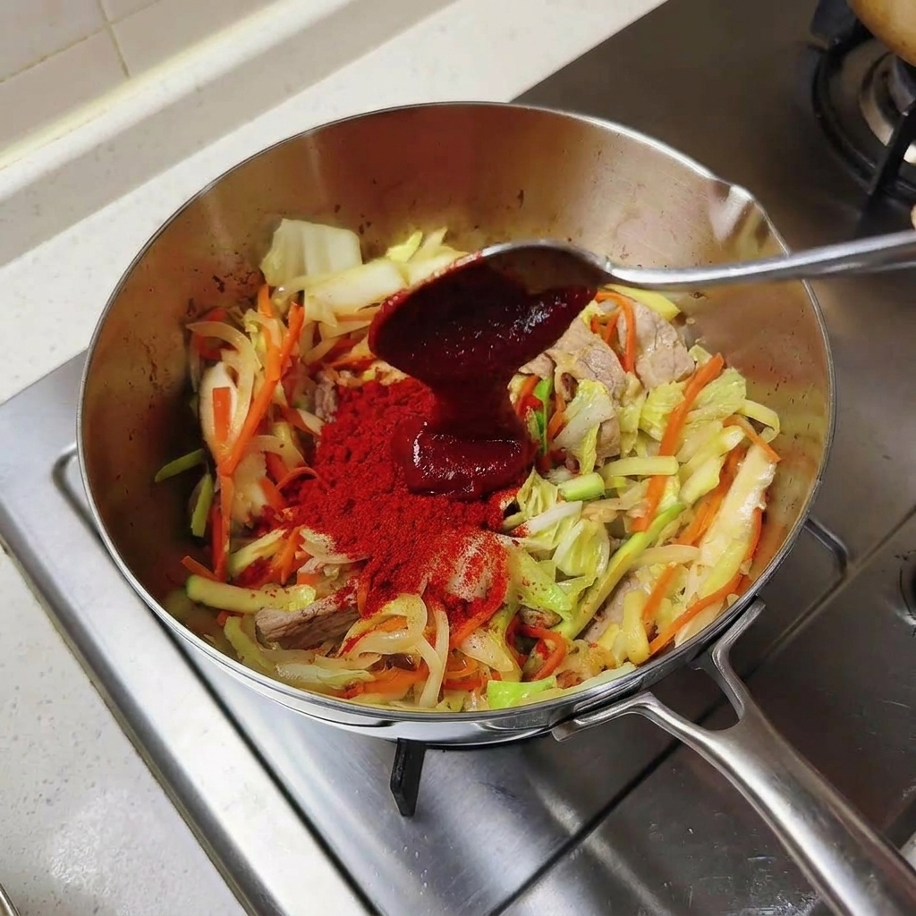 A large spoon adding a dollop of dark red Gochujang paste into a pan filled with stir fried vegetables and red chili powder.