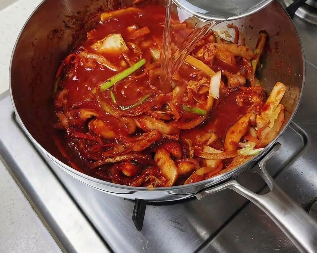Clear water being poured from a metal ladle into a stainless steel pot containing a red-tinted stir-fry of pork and vegetables.