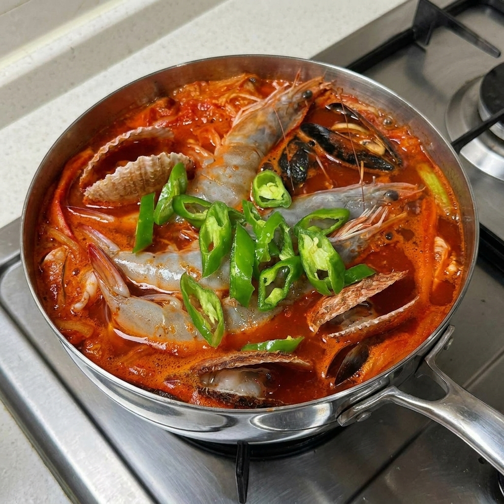 Freshly sliced green chili peppers scattered over the top of shrimp and mussels in a boiling red spicy soup.