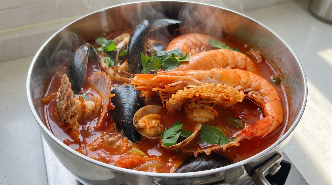 Korean Spicy Seafood Noodle Soup (Jjambbong)