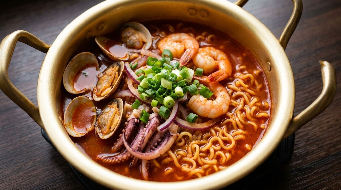 Spicy Seafood Shin Ramyun with Fresh Clams and Shrimp