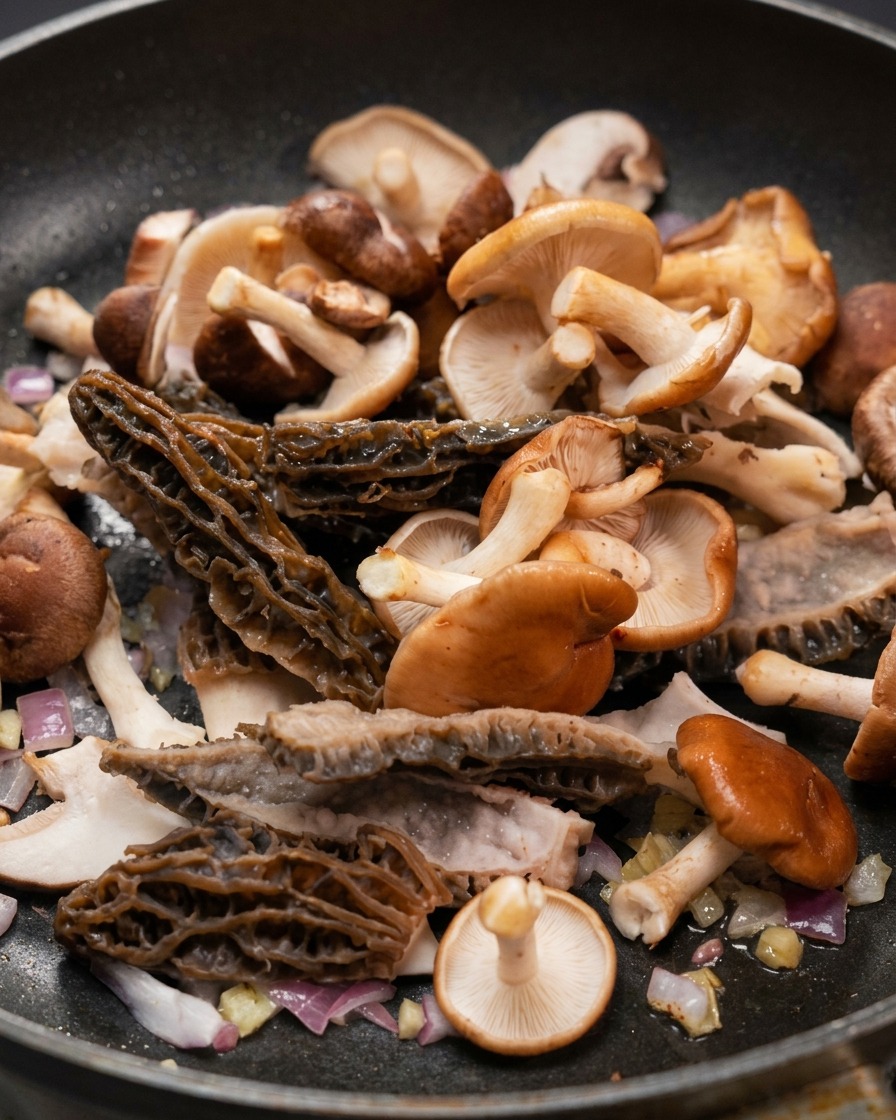 A variety of mushrooms including morels and shiitakes being tossed with red onions in a frying pan.