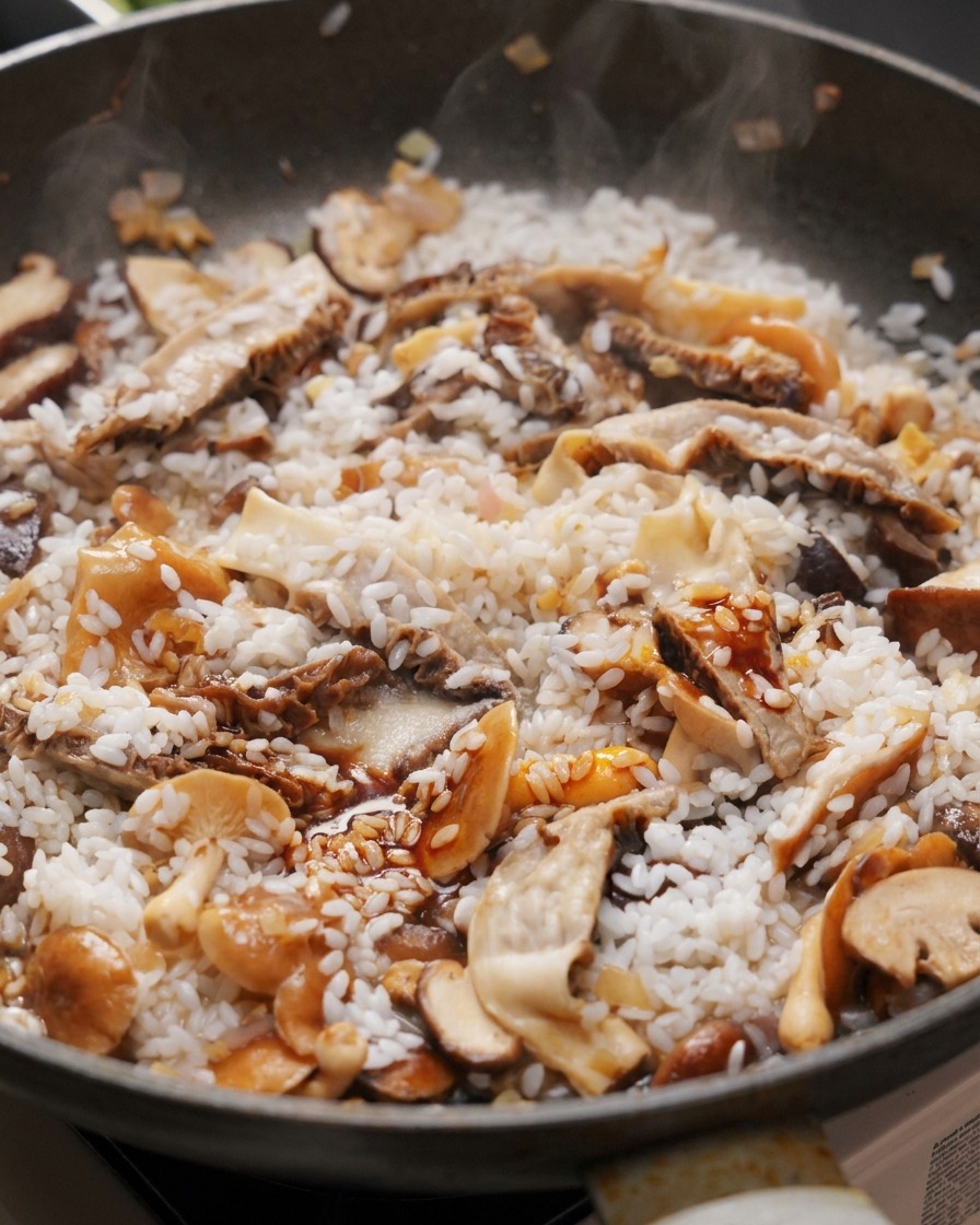 Light soy sauce being drizzled over a mixture of white rice and assorted mushrooms in a large frying pan.