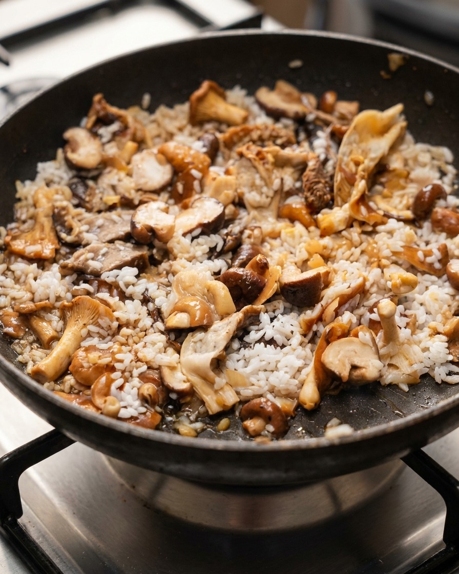 A spatula mixing white rice, brown mushrooms, and dark seasonings together in a pan on a stovetop.