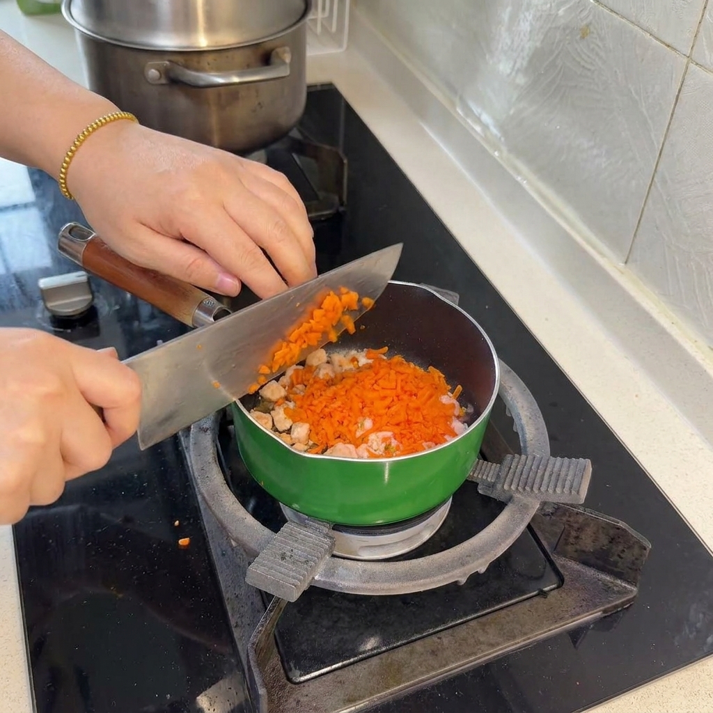 Finely minced bright orange carrots being scraped from a knife into the green pan containing cooked salmon pieces.