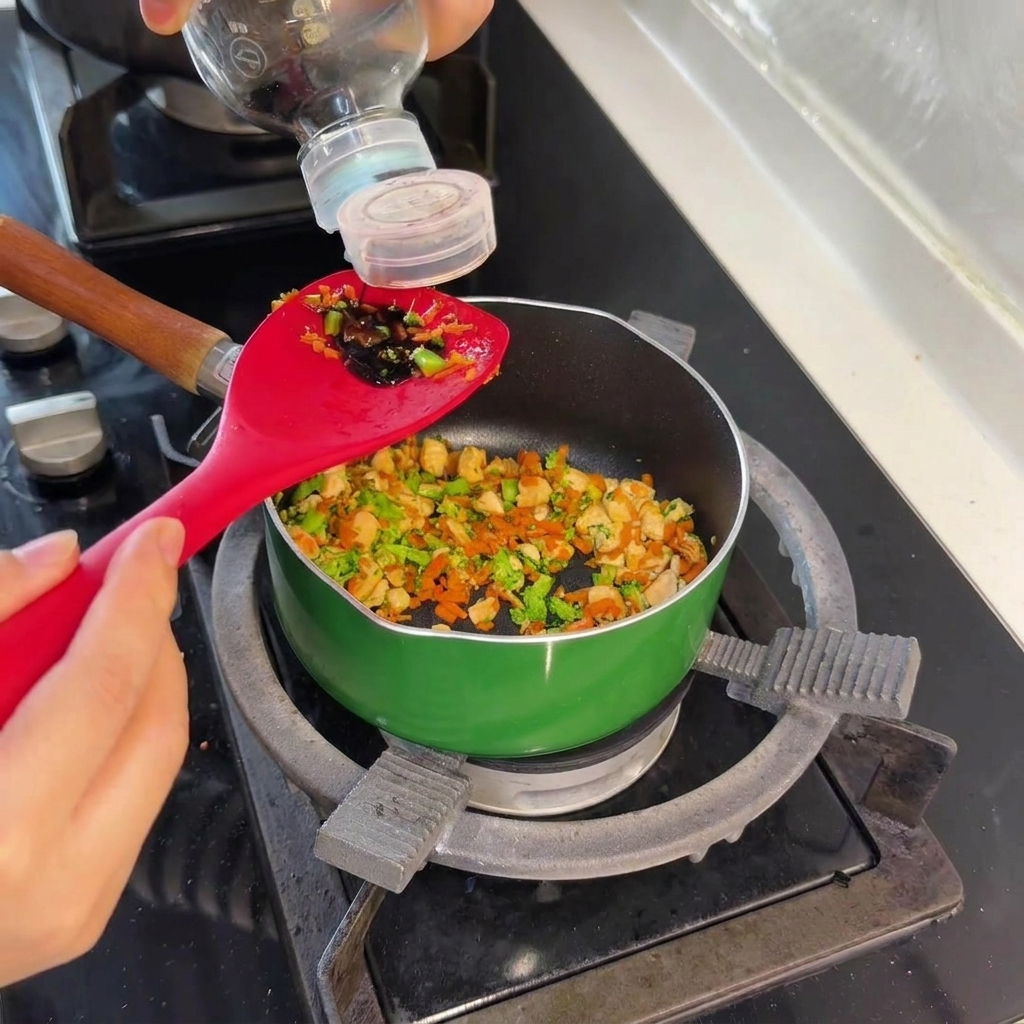 Dark light soy sauce being poured from a bottle onto a red silicone spatula held over the cooking ingredients.