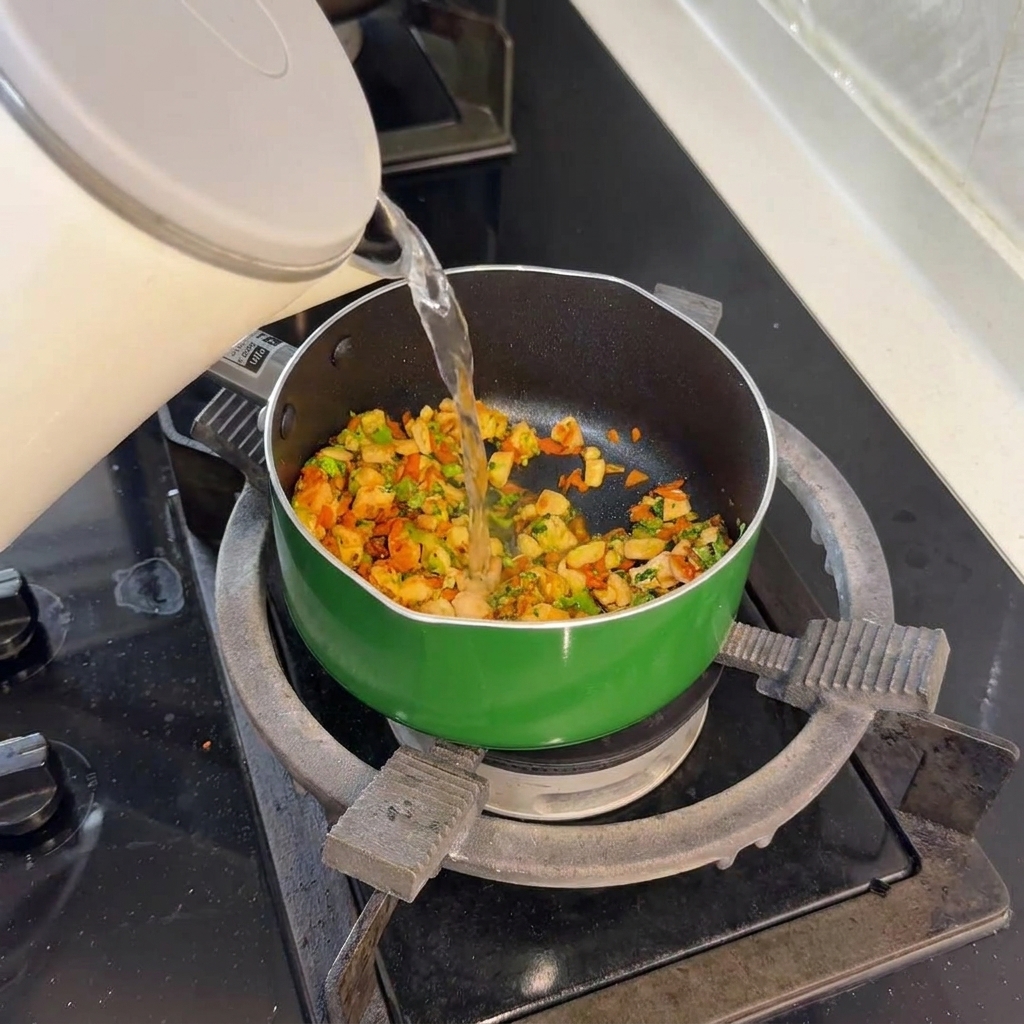 A thin stream of clear water being poured from a white kettle into the pan with salmon and vegetables.