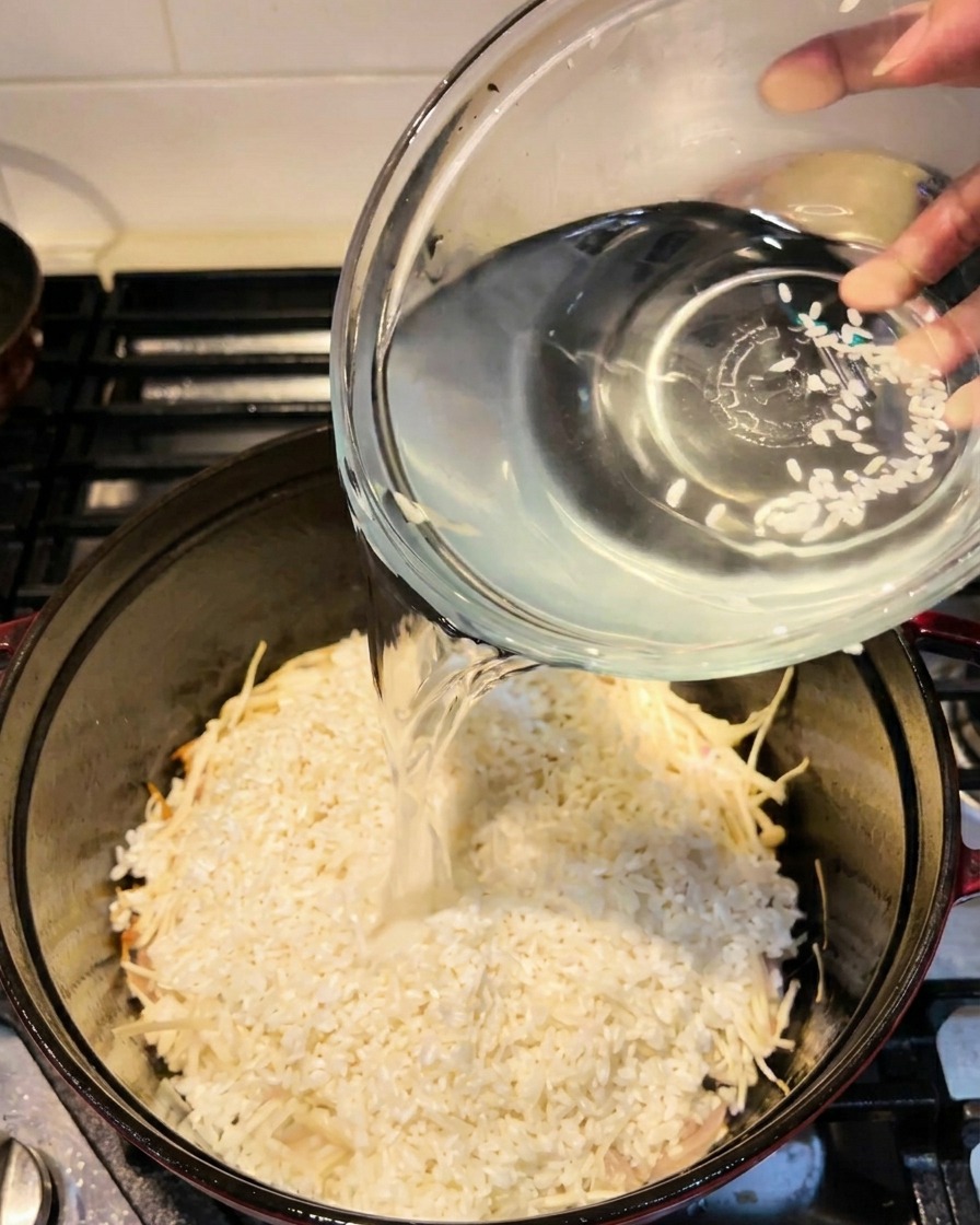 Water being poured from a glass bowl into a pot filled with rice and enoki mushrooms.