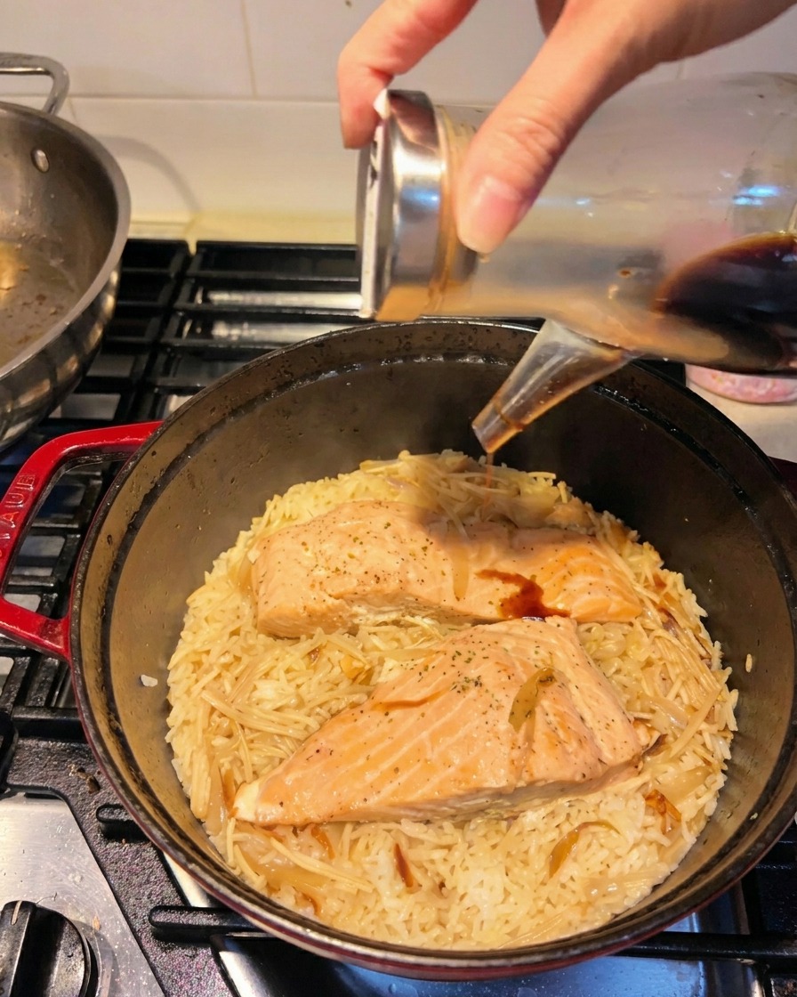 Soy sauce being poured from a clear glass bottle onto a bed of cooked rice and steamed salmon fillets.