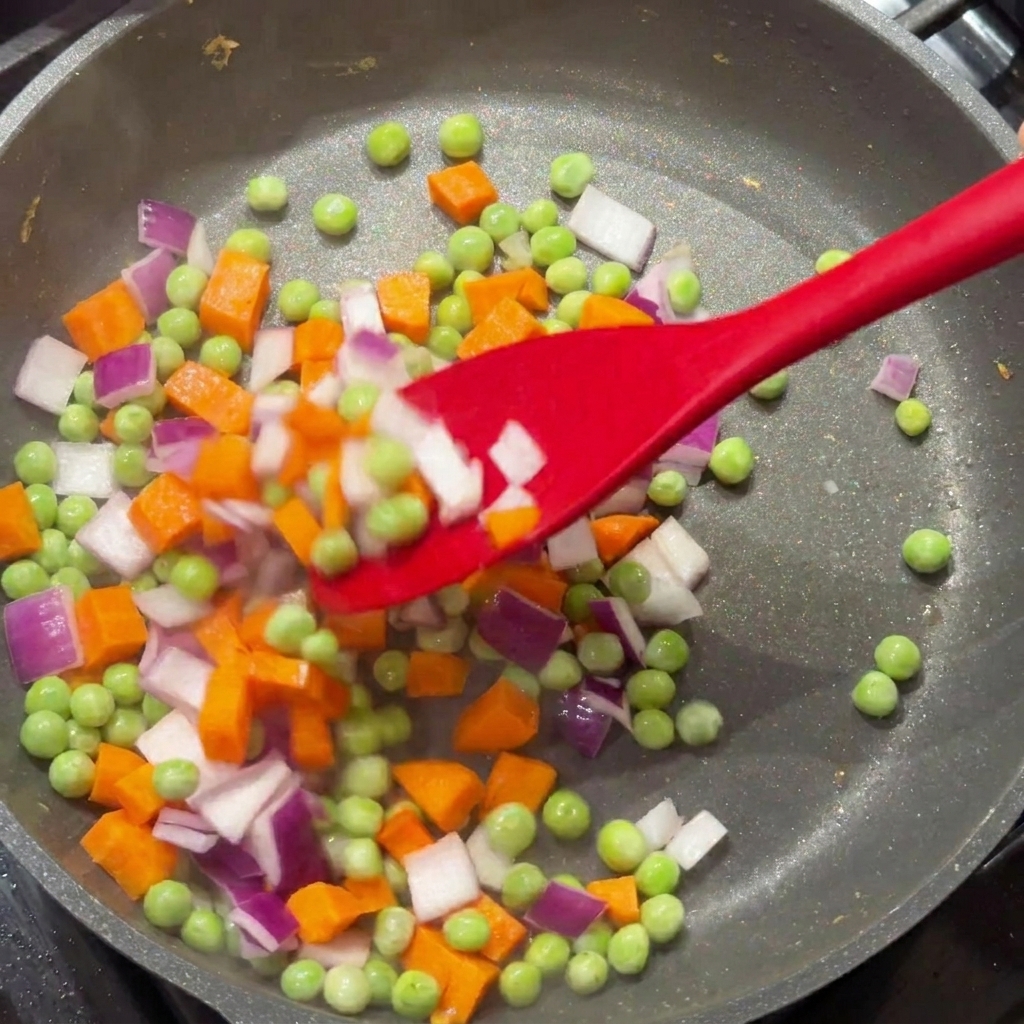 A colorful mix of diced red onions, carrots, and green peas being stirred in a frying pan with a red spatula.