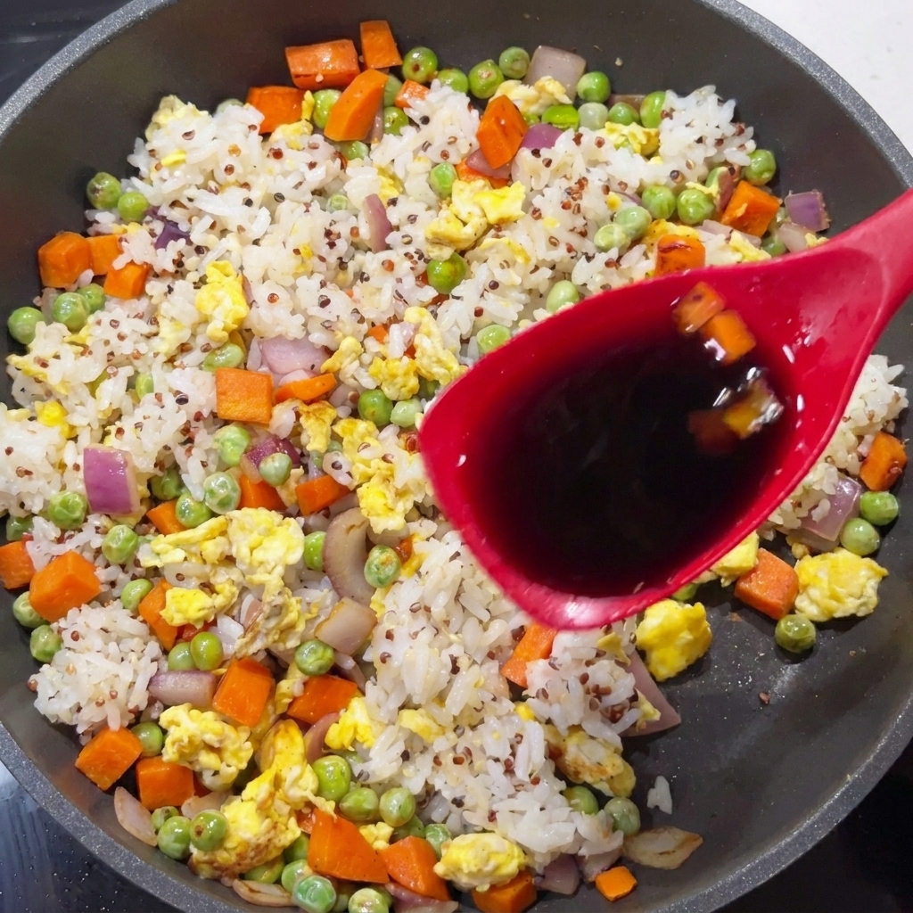 A red spoon pouring soy sauce over a colorful mixture of white rice quinoa green peas and carrots in a pan.