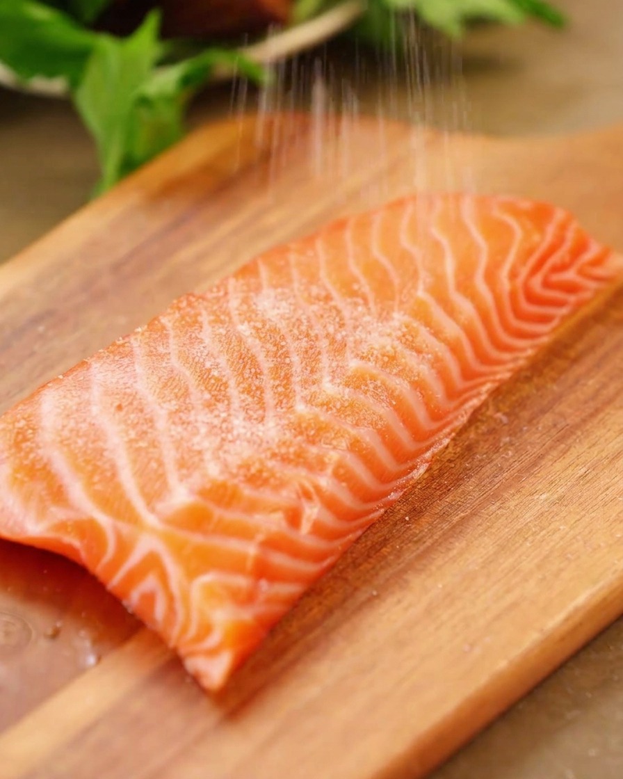 Fine sea salt being sprinkled onto a fresh, raw pink salmon fillet resting on a wooden board.