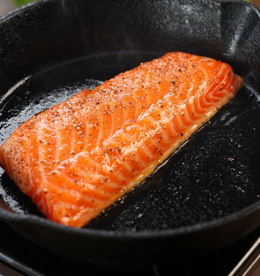 A seasoned salmon fillet searing in a hot cast-iron pan, with the surface turning a crispy golden brown.