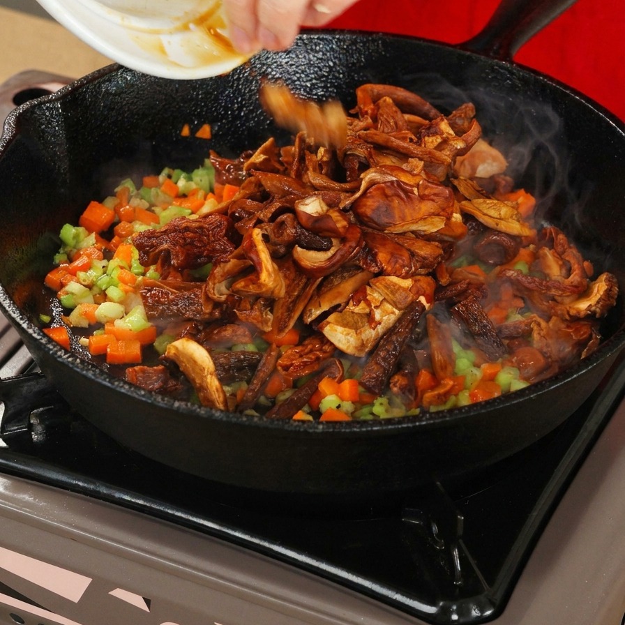 Mushrooms being added from a plate into a skillet with chopped carrots and celery.