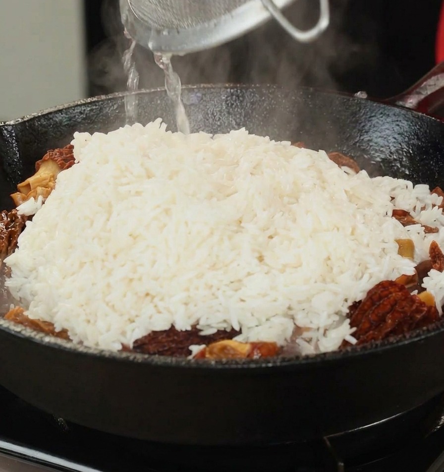White rice being poured through a strainer into a pan containing morel mushrooms and vegetables.