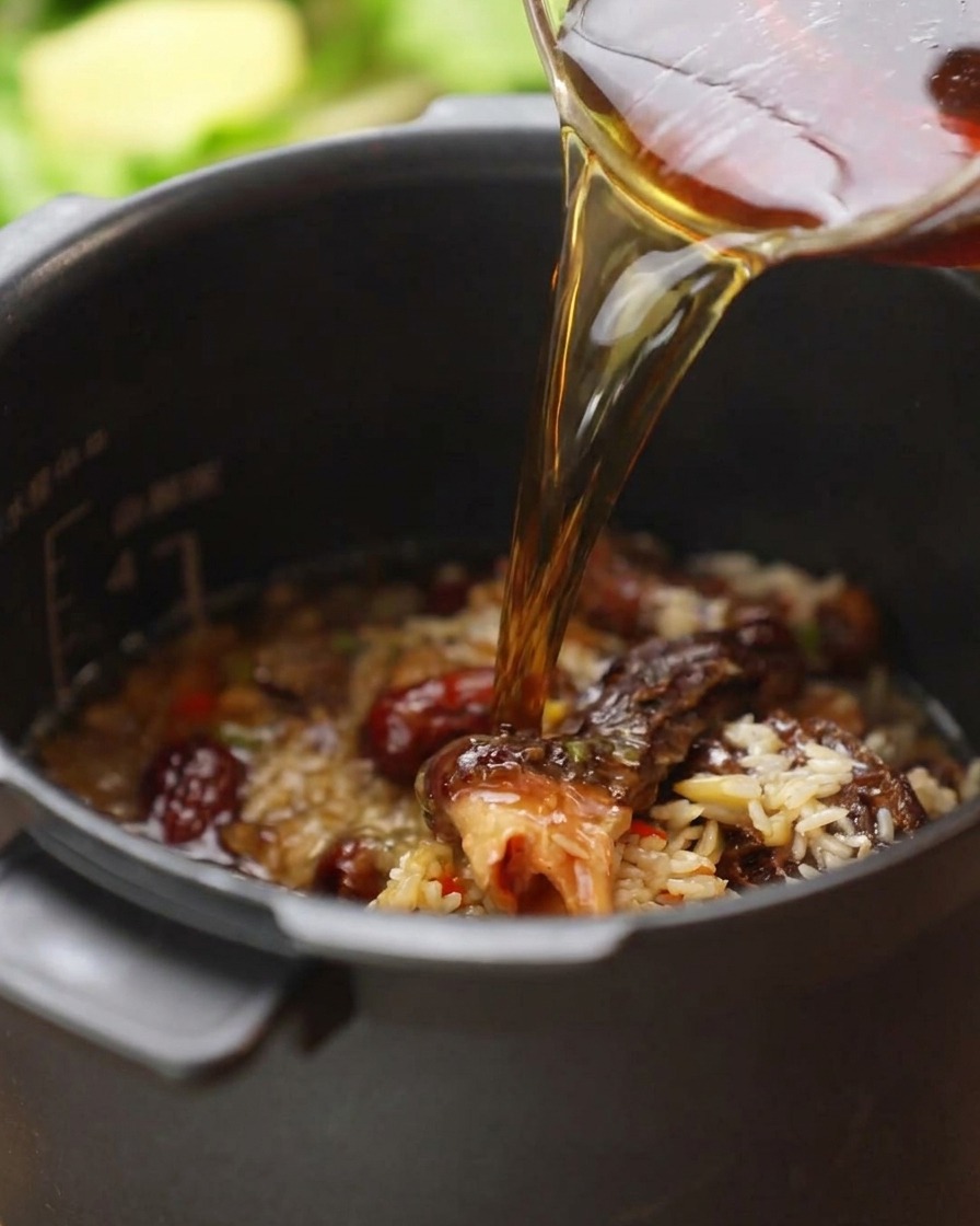 Aromatic brown broth being poured from a glass measuring cup into a rice cooker pot filled with rice, morel mushrooms, and diced vegetables.