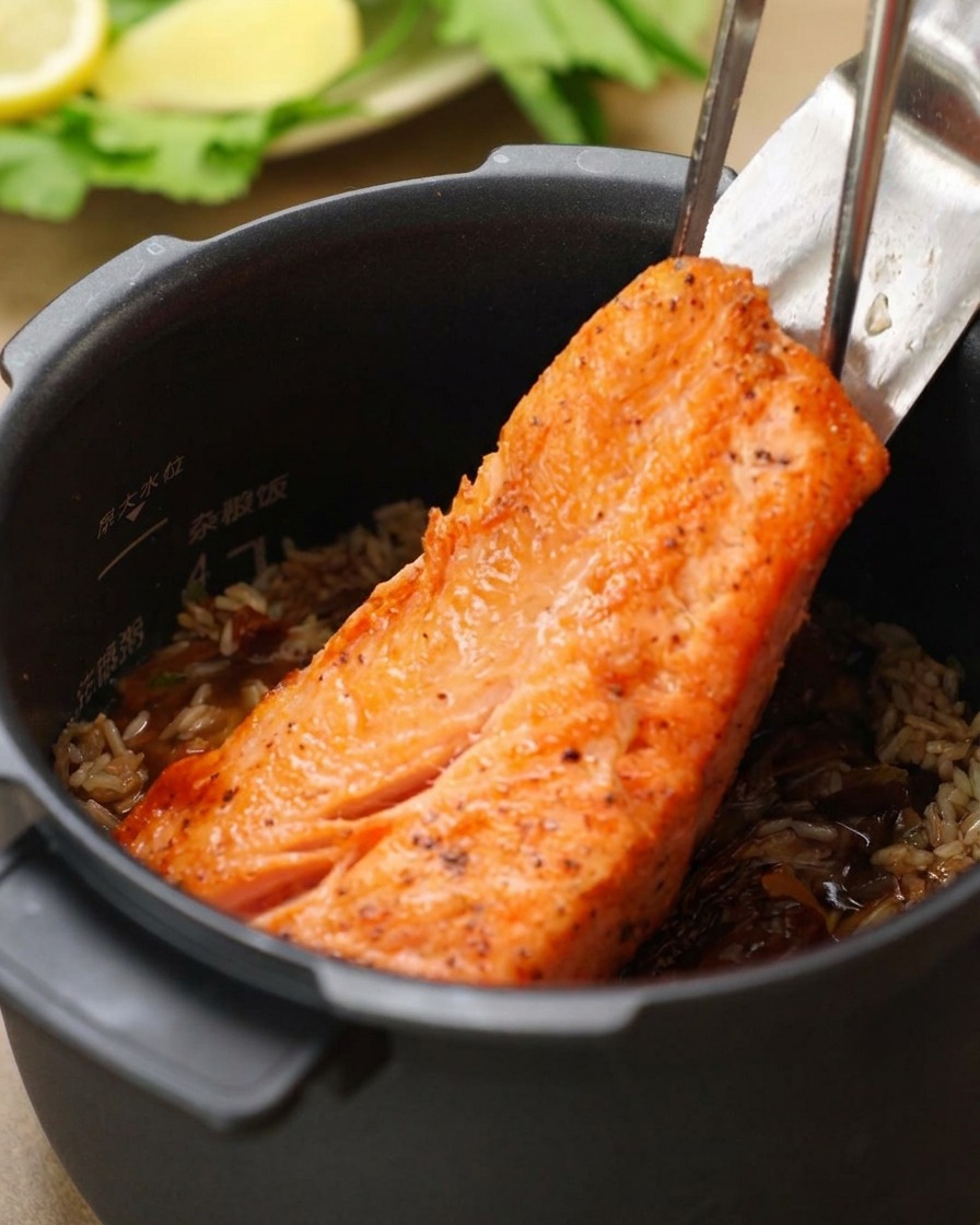 A large, golden-brown seared salmon fillet being lowered with metal tongs into a rice cooker pot on top of a bed of rice and mushrooms.