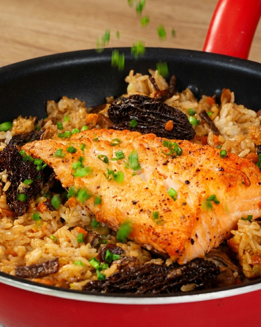 Freshly chopped green scallions being sprinkled over a finished dish of seared salmon and mushroom rice in a red serving pan.
