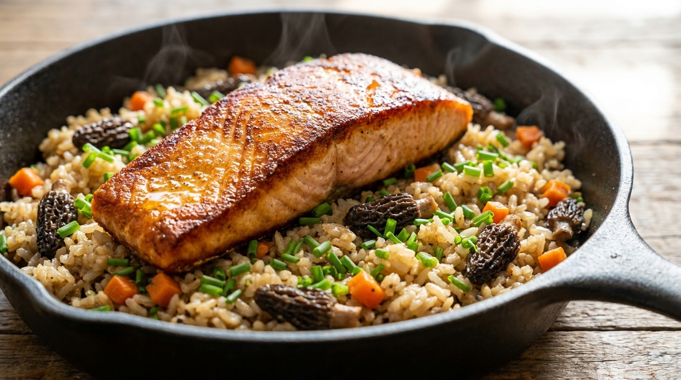 One-Pot Salmon and Morel Mushroom Rice Cooker Meal