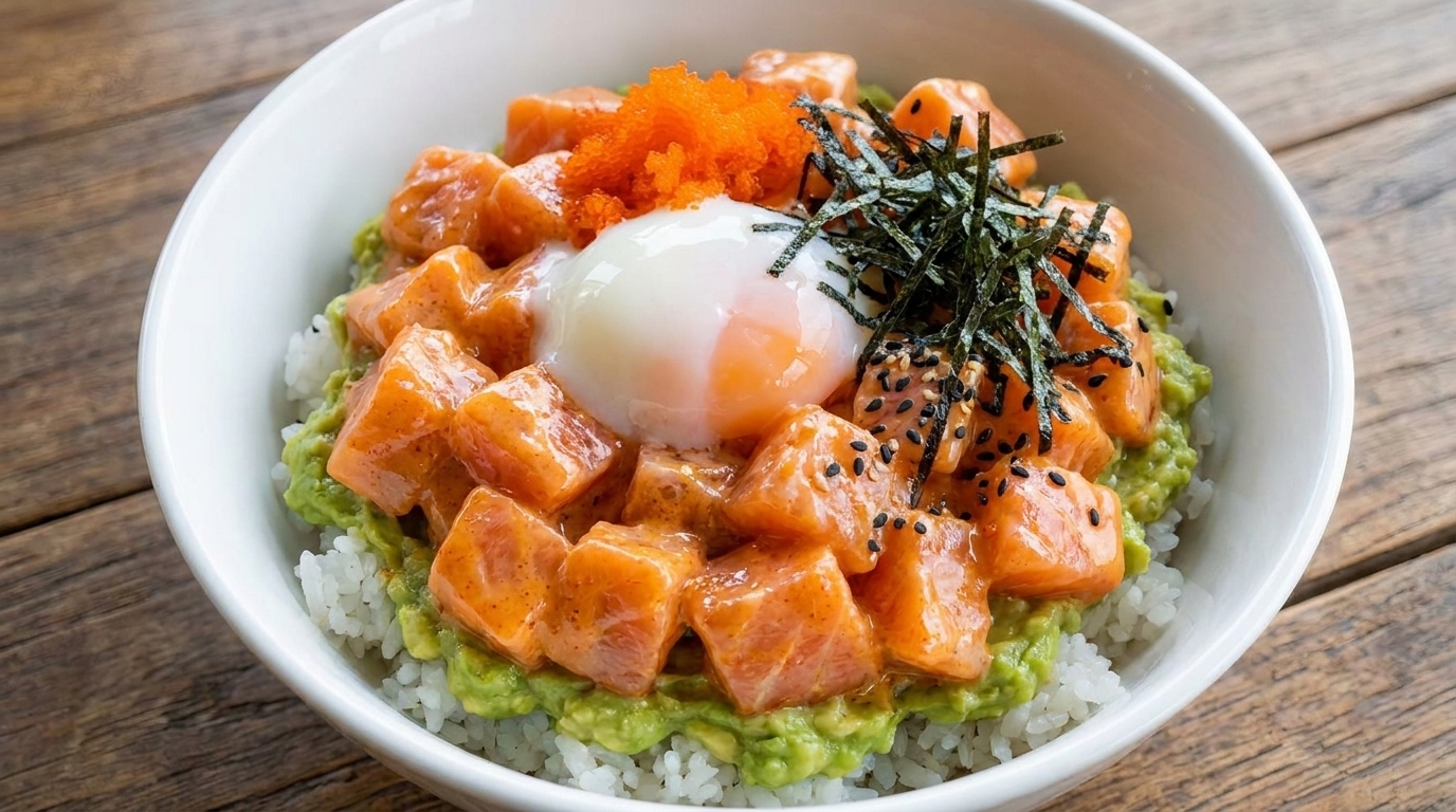A colorful salmon rice bowl featuring creamy avocado, marinated salmon cubes, and a perfectly soft onsen egg.