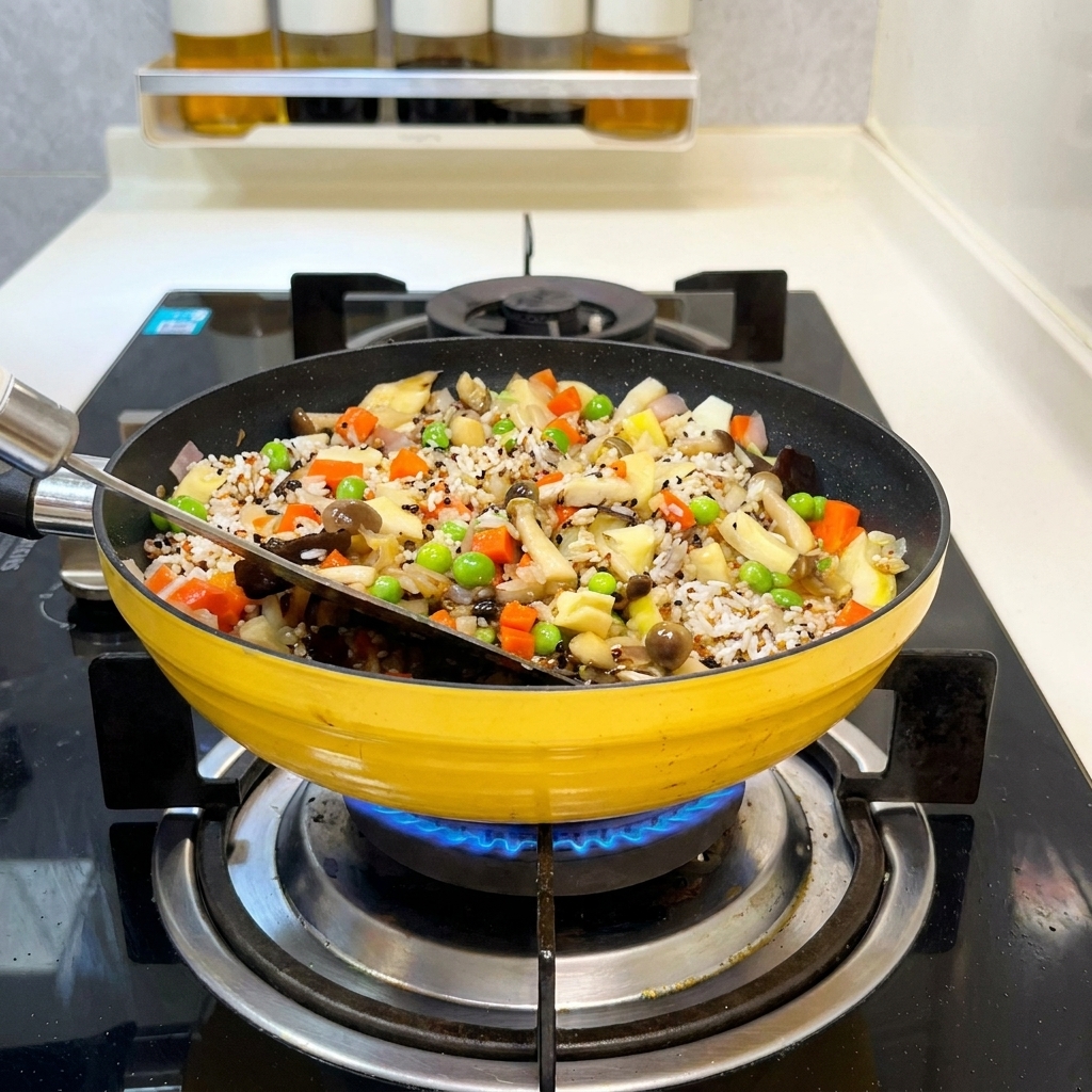 A black spatula stirring a mixture of rice, quinoa, peas, carrots, and mushrooms in a bright yellow pan on a gas stove.