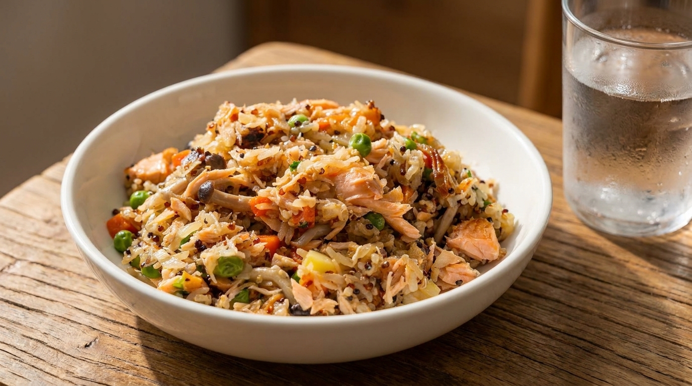 Salmon and Wild Mushroom Braised Quinoa Rice
