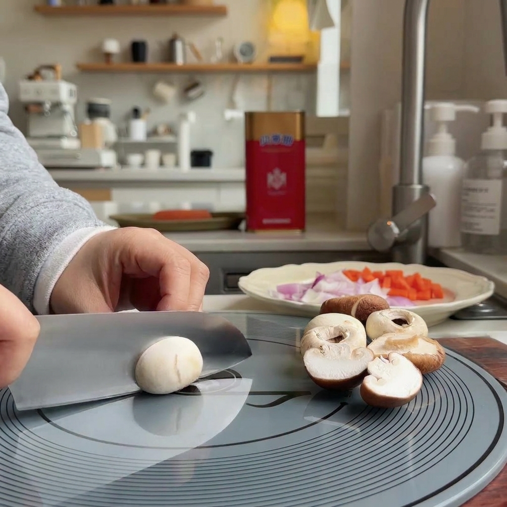 A person using a chefs knife to slice white button mushrooms on a grey circular cutting board.