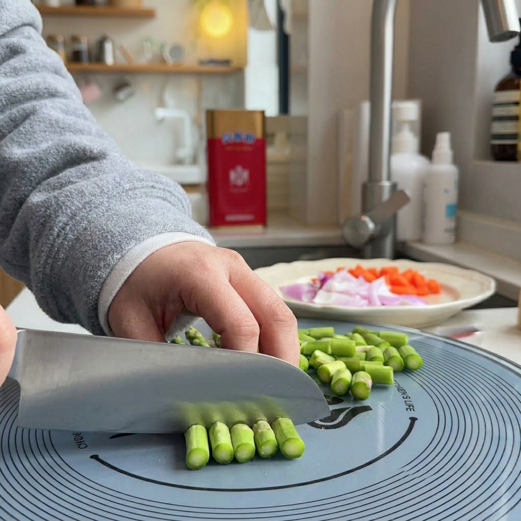 Fresh green asparagus stalks being cut into small segments on a kitchen cutting board.