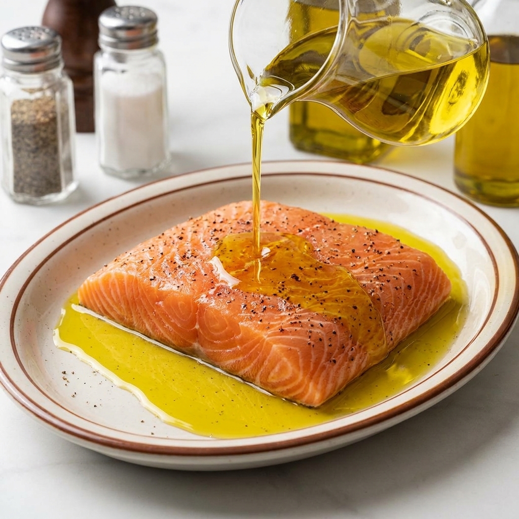 A stream of golden olive oil being poured from a glass pitcher onto a seasoned raw salmon fillet.