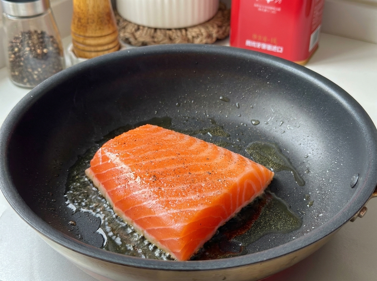 A salmon fillet with black pepper seasoning searing in a hot pan with bubbling oil.