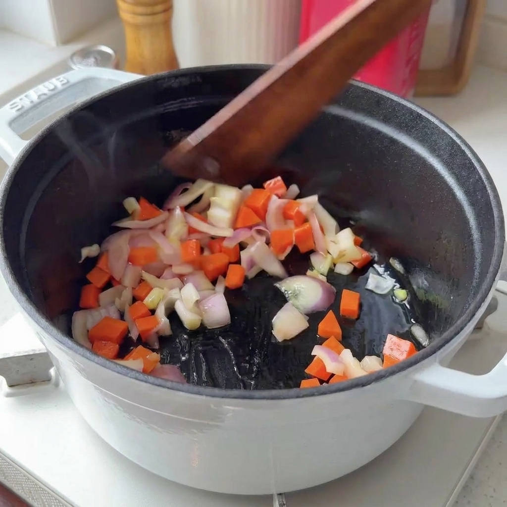 Diced orange carrots and purple red onions being stirred with a wooden spatula in a white cast iron pot.