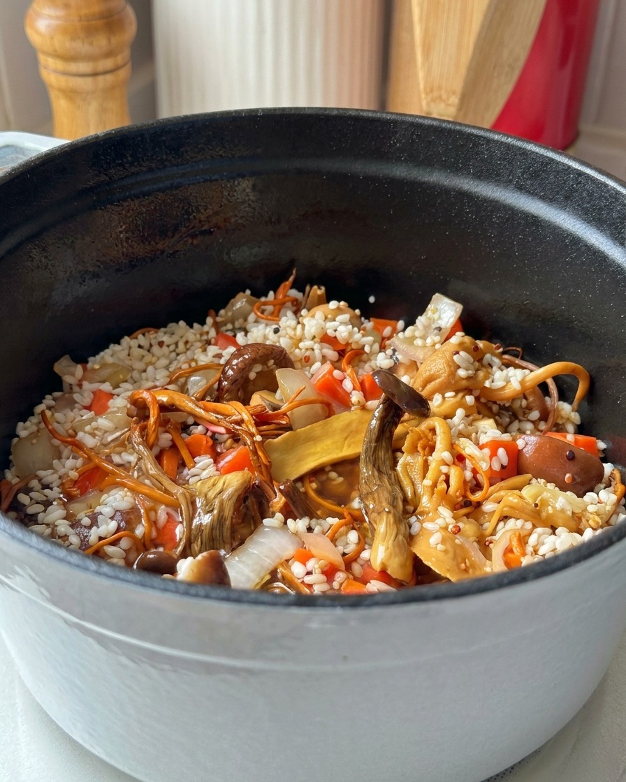 Water being poured into a cast iron pot filled with rice, quinoa, carrots, and various types of mushrooms including cordyceps.