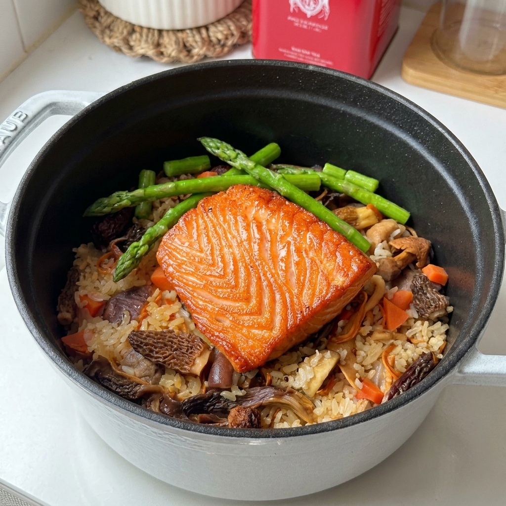 A seared salmon fillet resting on a bed of cooked rice, mushrooms, and carrots in a black cast iron pot, garnished with bright green asparagus.